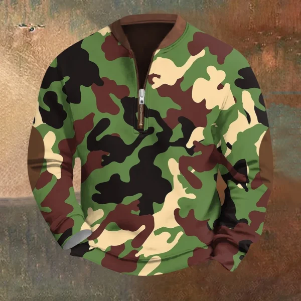Men's Fashion Casual Half Zip Neck Loose Long Sleeve Camouflage Sweatshirt - Image 31