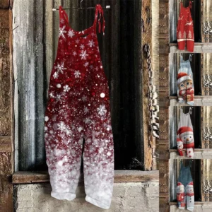 Women's Casual Christmas Shoulder Strap Print Loose Jumpsuit Vintage