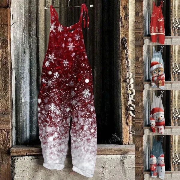 Women's Casual Christmas Shoulder Strap Print Loose Jumpsuit Vintage