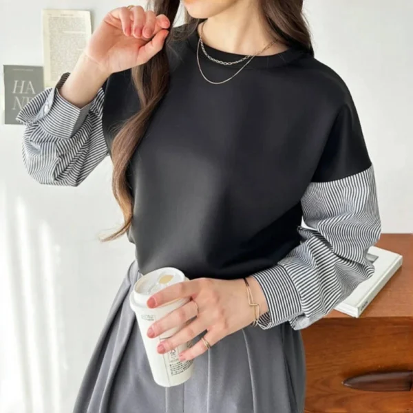 Striped Plaid Sleeves Splicing Long Sleeve Shirt Top - Image 19