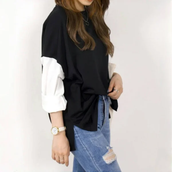Striped Plaid Sleeves Splicing Long Sleeve Shirt Top - Image 14