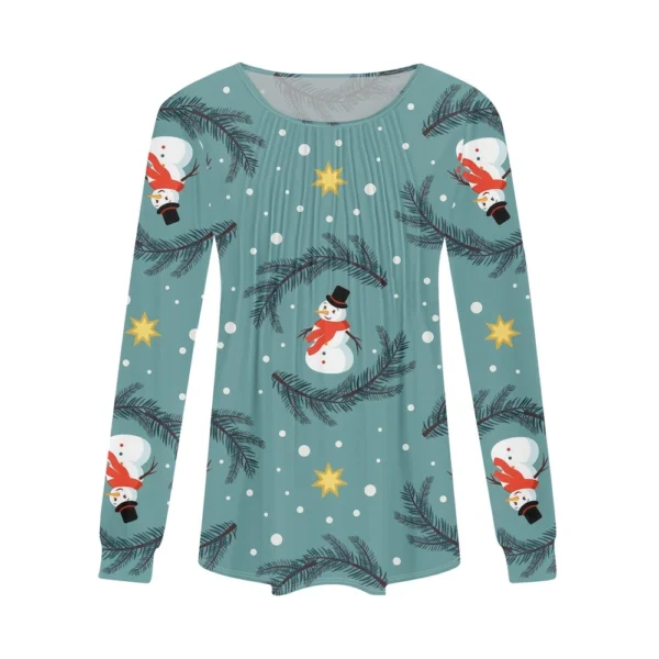Women's Christmas Printed Top Round Neck Casual Pleated Long Sleeved T-Shirt - Image 11