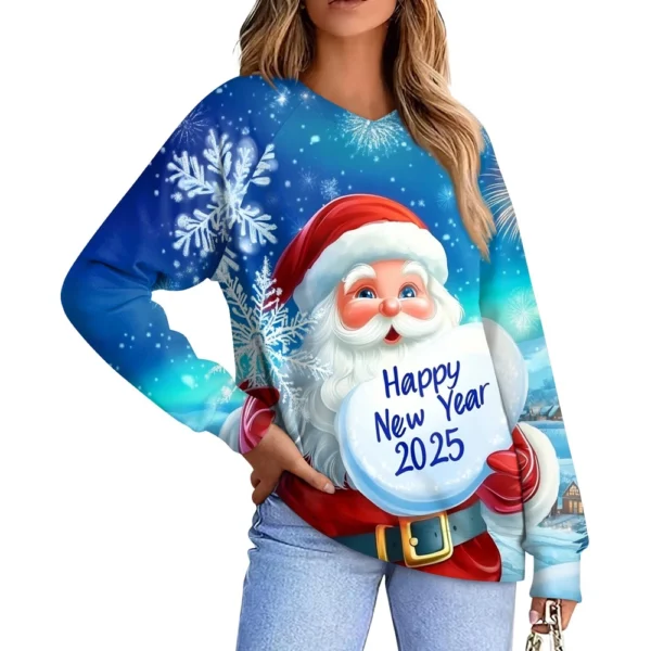 Women's Casual Fashion Comfortable Raglan Sleeve V-Neck Christmas Print - Image 29