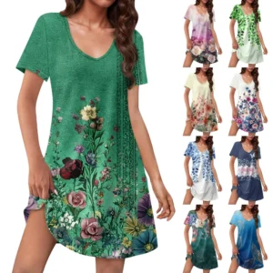 Women's Casual Sundress With Pockets Summer Boho Beach Dress Floral Blouses For