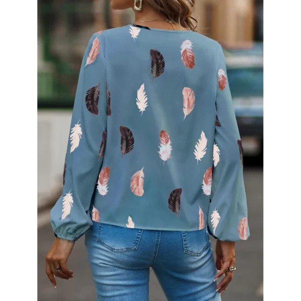 V-neck printed long-sleeved loose T-shirt women's top - Image 3