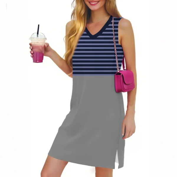 Women's Casual Fashion Sexy V-neck Sleeveless Striped Hem Slit Dress - Image 8