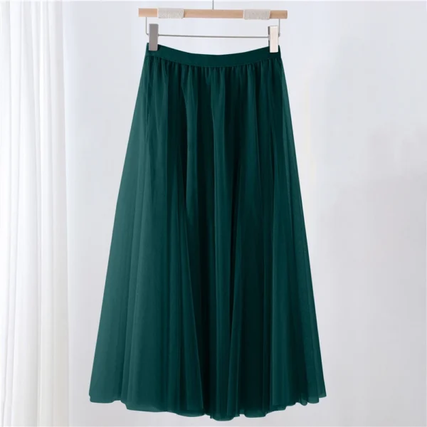 Women's Solid Color Mesh Skirt With Elastic Band Large Swing Mid Length Skirt - Image 16