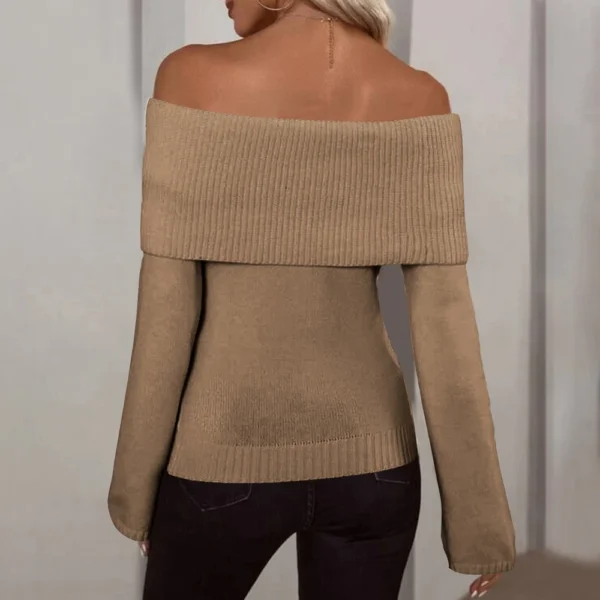 Pullover Jumper Tops Womens Off Shoulder Fold Over Sweater Knit Fall Sweaters - Image 9