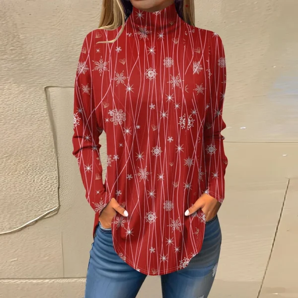 Women's Casual Printed High Neck Fashion Long Sleeve Pullover Christmas T-Shirt - Image 31