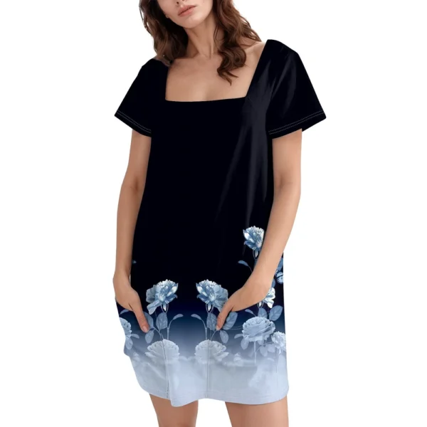 Women's Square Collar Short Sleeve Fashion Skirt Floral Print Pocket Casual - Image 6