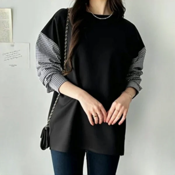 Striped Plaid Sleeves Splicing Long Sleeve Shirt Top - Image 9