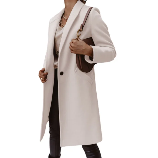 Solid color lapel long button woolen coat for women - Image 3