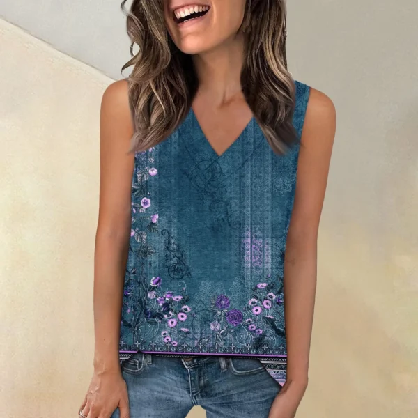Tank Top Women Casual Printed Soft Summer V Neck Sleeveless Tops - Image 28