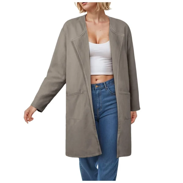 Ladies Solid Color Lapel Cardigan Tweed Cotton Coat Long Sleeve Jacket With - Image 25