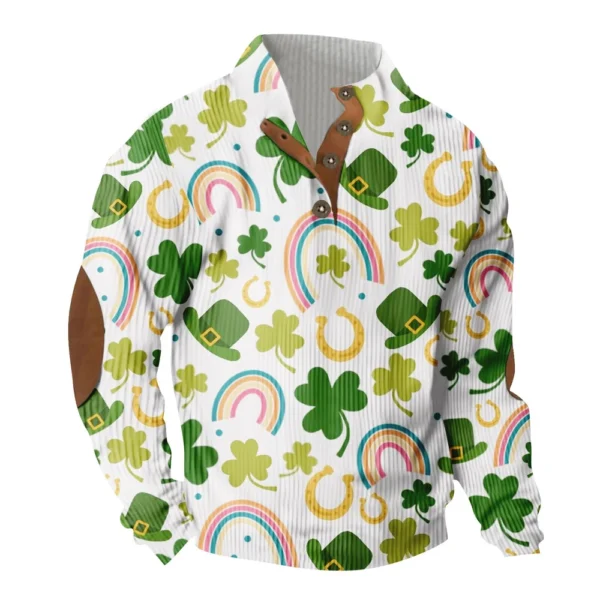 Knit Printed 3 Button - Corduroy Men's Standing Collar Pocket Sweatshirt - Image 2