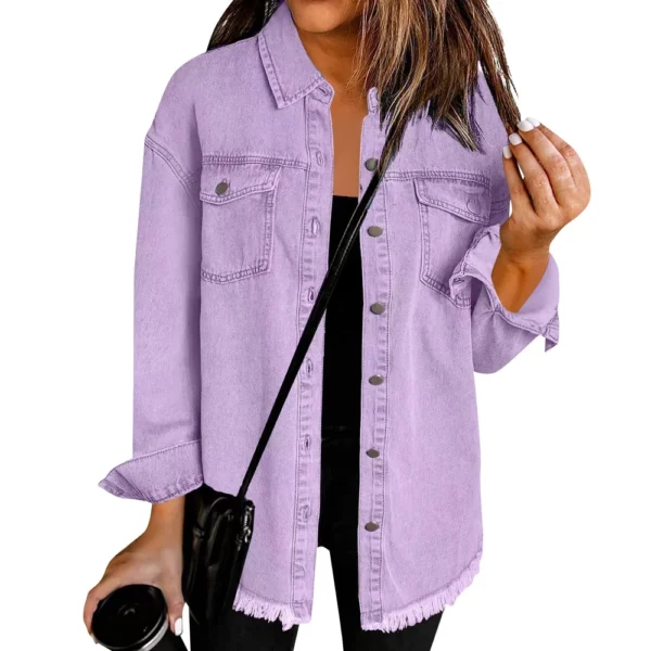 Women's Fashion Denim Shirt Jacket Milled Hem Button Casual Long Sleeve Jacket - Image 40