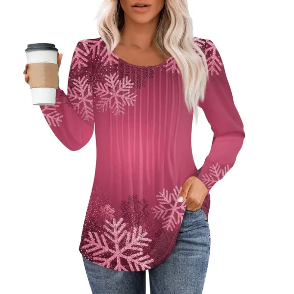Women's Casual Christmas T-Shirt Round Neck Printed Pleated Long Sleeved Top - Image 28