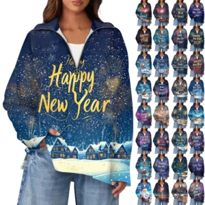 Women's Casual Half Zipper Lapel Christmas Printed Pullover Top Side Slit