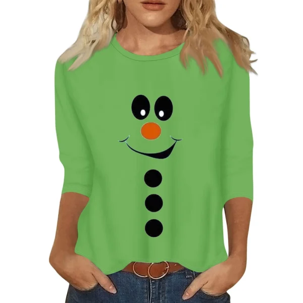 Women's Christmas Casual Round Neck T-Shirt Printed 3/4 Sleeve Loose Ladies Top - Image 17