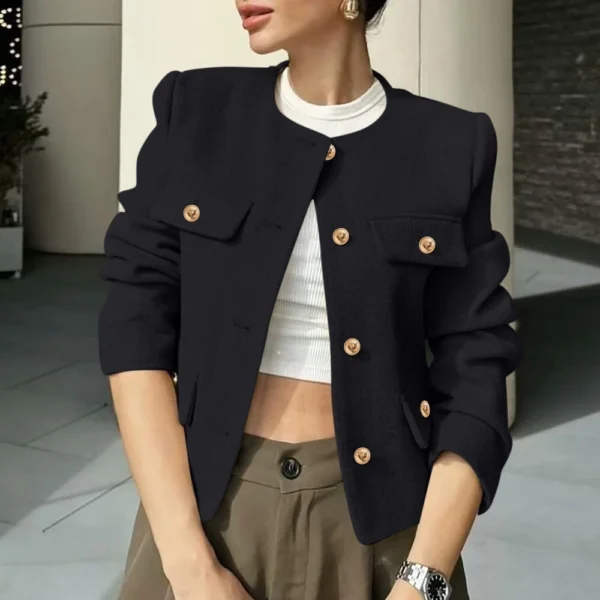 Women's Solid Color Round Neck Fashionable Button Decorated Short Jaket - Image 16