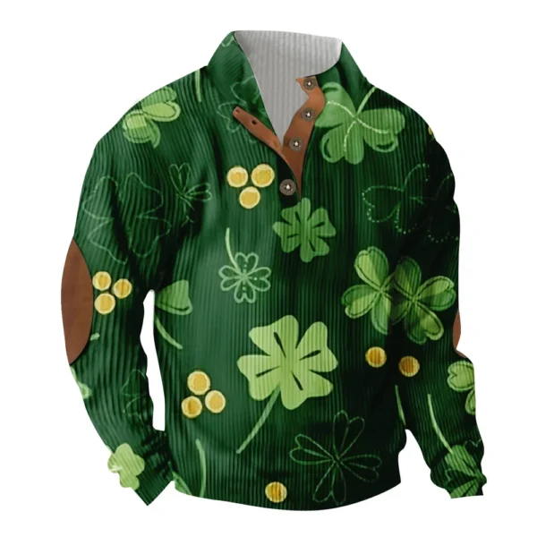 Knit Printed 3 Button - Corduroy Men's Standing Collar Pocket Sweatshirt - Image 14