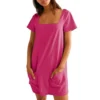 Women's Solid Color Square Collar Short Sleeve Fashion Skirt Pocket Casual Dress - Image 29