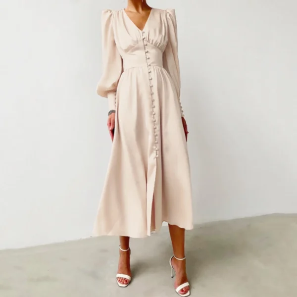 Women's long skirt V-neck buttons - Image 2