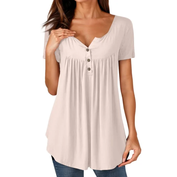Women Tunic Tops Dressy Casual Summer Short Sleeve Shirts Loose Fit Pleated - Image 8