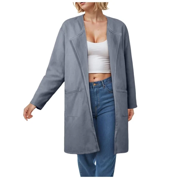 Ladies Solid Color Lapel Cardigan Tweed Cotton Coat Long Sleeve Jacket With - Image 6