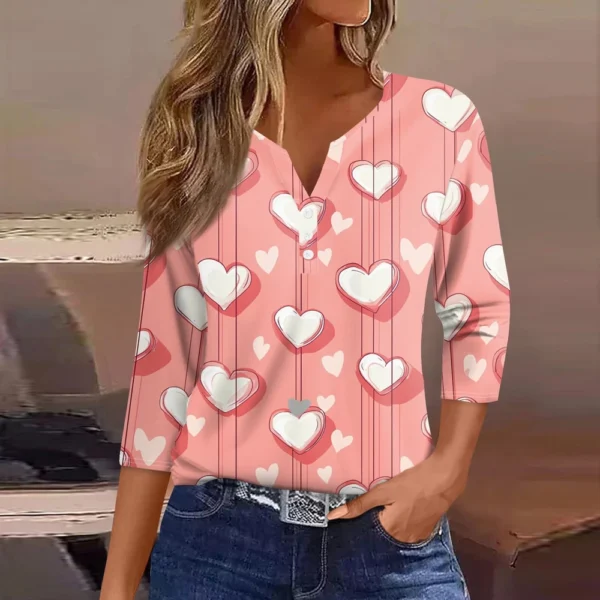 Women's T Shirt Tee Valentine's Day Print Button 3/4 Sleeve Daily Weekend - Image 25