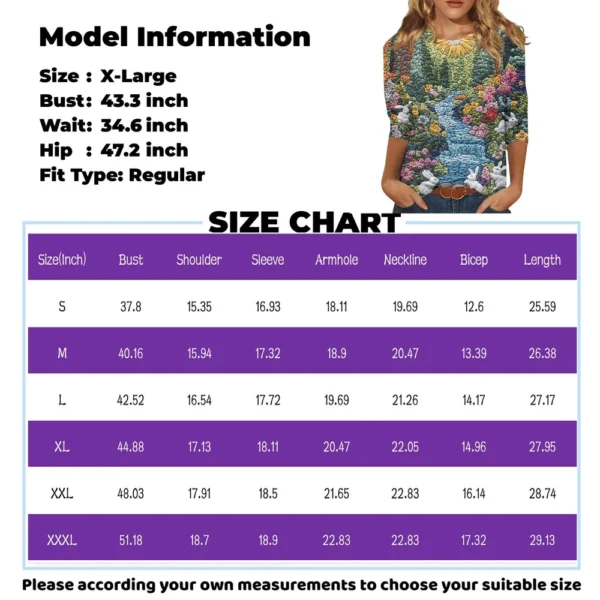 Women's Casual Fashion Easter Tops Plus Size Printed Basic 3/4 Sleeve Pullover - Image 18