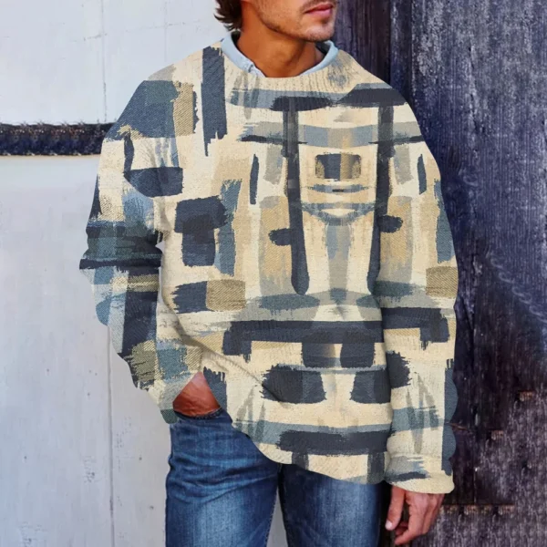 Men'S Printed Synthetic Sweater Round Neck Sportswear Loose Long Sleeved Top - Image 13