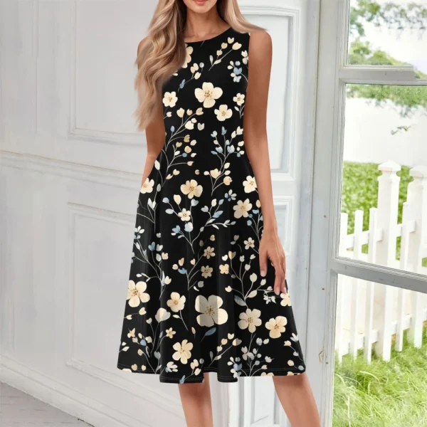 Women's Casual Fashion Floral Print Round Neck Sleeveless Solid Color Midi Dress - Image 16