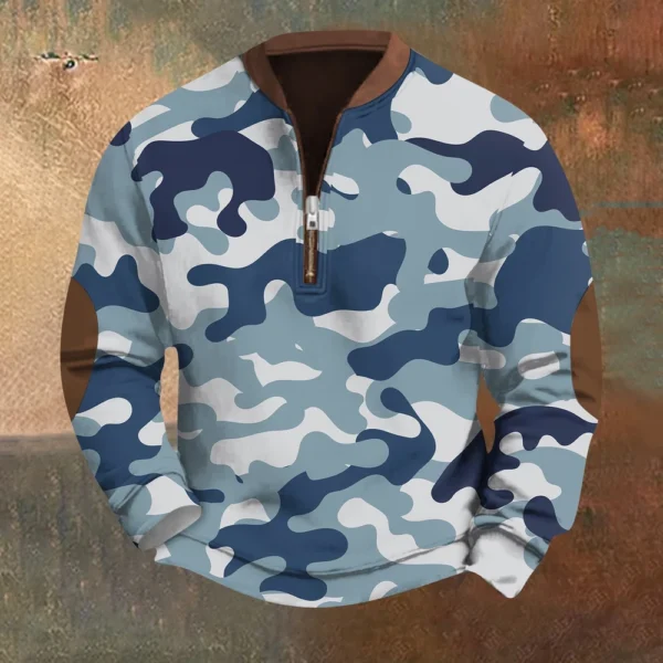 Men's Fashion Casual Half Zip Neck Loose Long Sleeve Camouflage Sweatshirt - Image 16