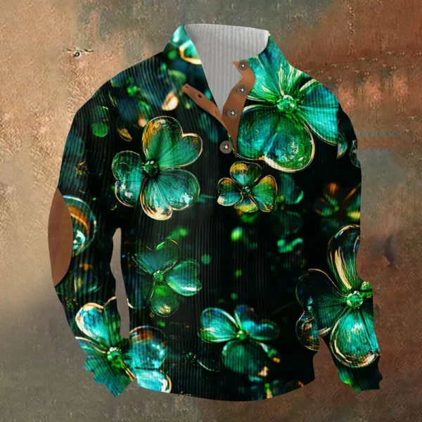 Knit Printed 3 Button - Corduroy Men's Standing Collar Pocket Sweatshirt - Image 16