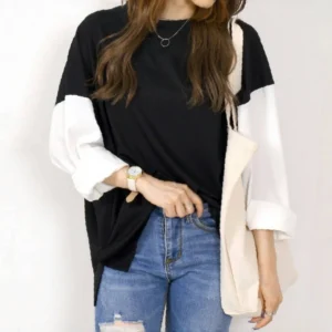 Striped Plaid Sleeves Splicing Long Sleeve Shirt Top