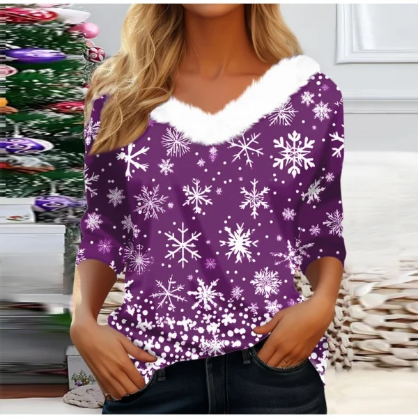 Women's V Neck Christmas Party Top Fleece Collar Shirt Long Sleeve T Shirt - Image 28