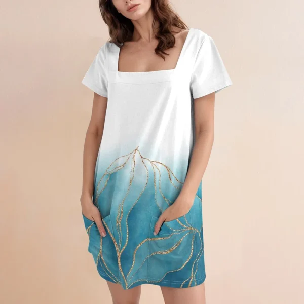 Women's Square Collar Short Sleeve Fashion Skirt Floral Print Pocket Casual - Image 31