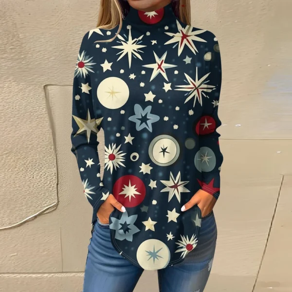 Women's Casual Pullover High Neck Christmas Long Sleeve Printed Fashion T-Shirt - Image 22