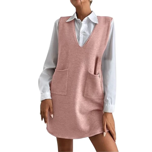 Women's Solid Color Wool Medium Length Double-sided Vest Skirt Sleeveless Dress - Image 3
