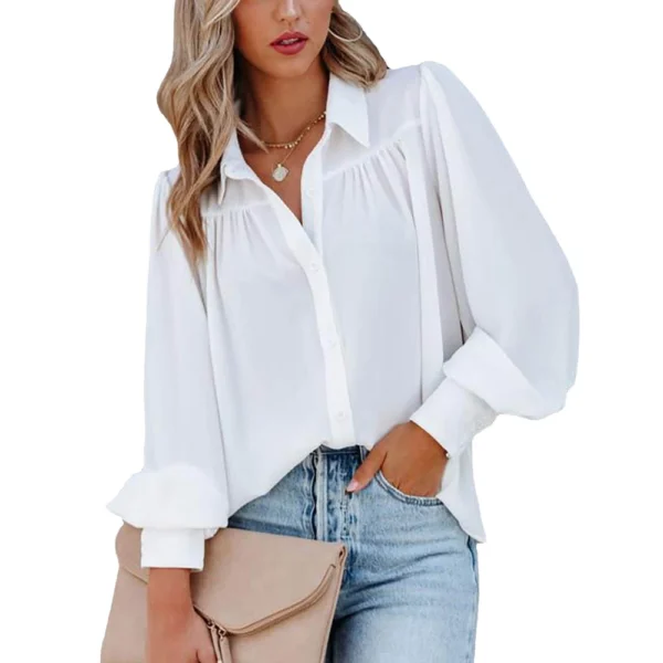 Button-down top pleated solid color stand-up collar women's clothing - Image 6