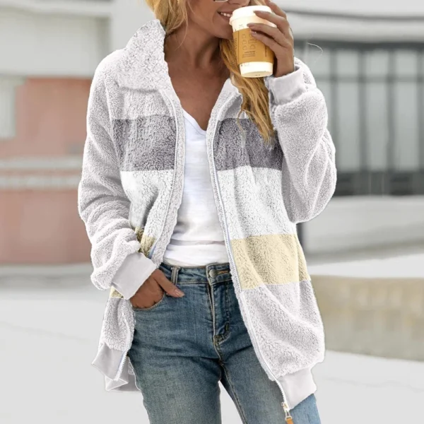 Women's Casual Color Blocking Loose Plush Zippered Flip Collar Jacket With - Image 16