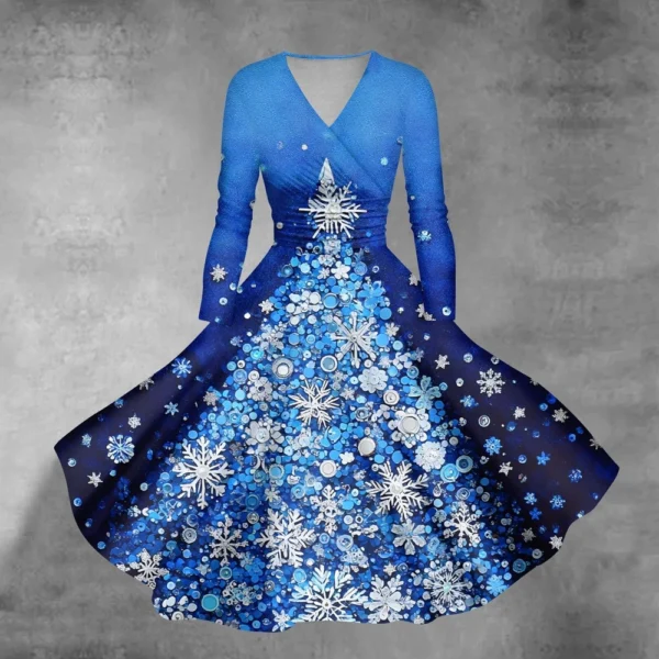 Women's Casual V-Neck Slim Fashion Christmas Long Sleeve Printed Dresses - Image 16