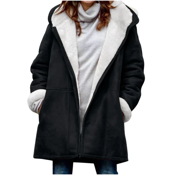 Women's  Fashionable Solid Color Warm Coat Long Sleeved Zipper Loose Hooded - Image 5