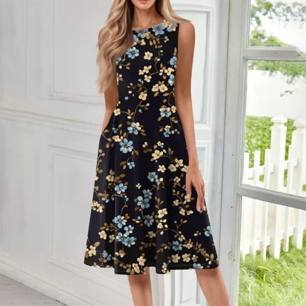 Women's Casual Fashion Floral Print Round Neck Sleeveless Solid Color Midi Dress - Image 22