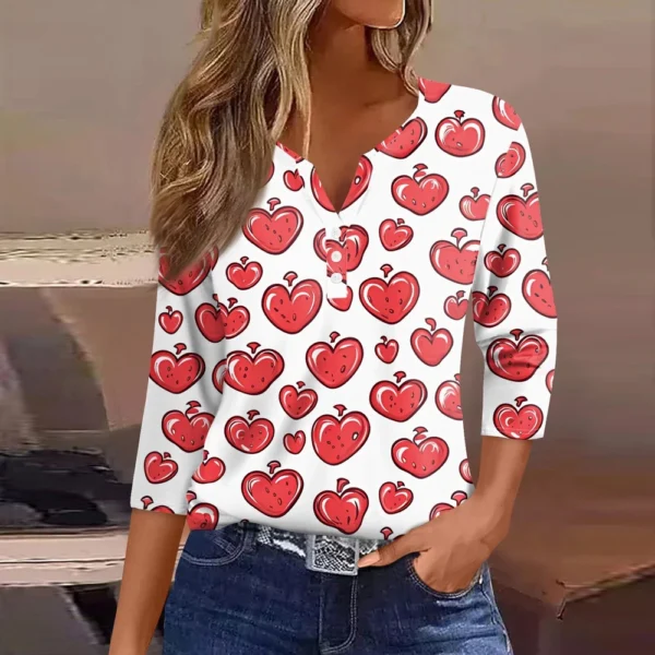 Women's T Shirt Tee Valentine's Day Print Button 3/4 Sleeve Daily Weekend - Image 28