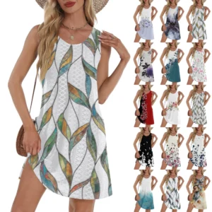 Women's Casual Sundress With Pockets Summer Boho Beach Dress T-Shirts Dress V