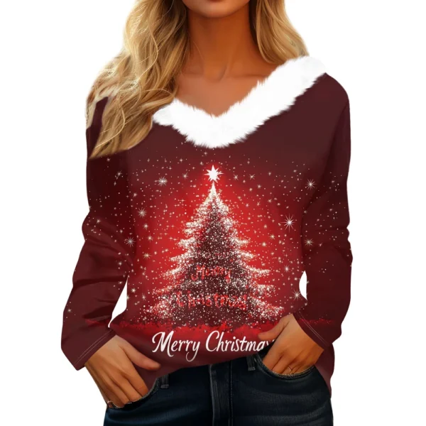 Women's Christmas Shirt Long Sleeve Top Fleece Collar Party V Neck T Shirt - Image 3