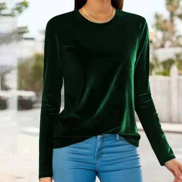 Women's Fashion Golden Velvet Solid Colour Round Neck Long Sleeve T-Shirt Top - Image 12