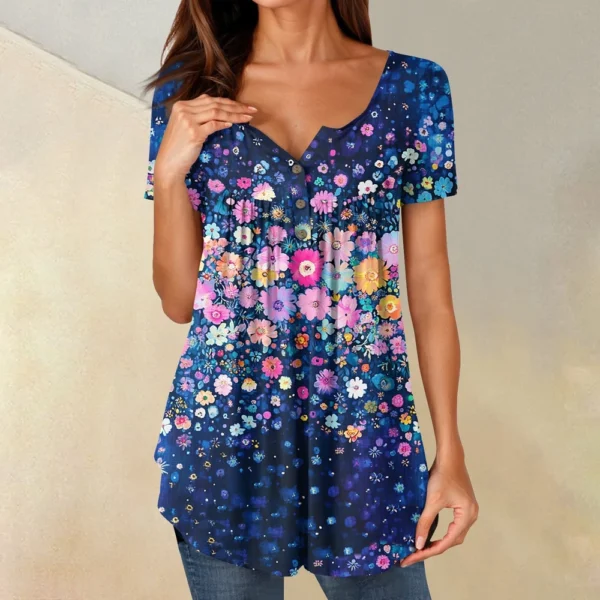 Women Tunic Tops Dressy Casual Summer Short Sleeve Shirts Loose Fit Pleated - Image 25